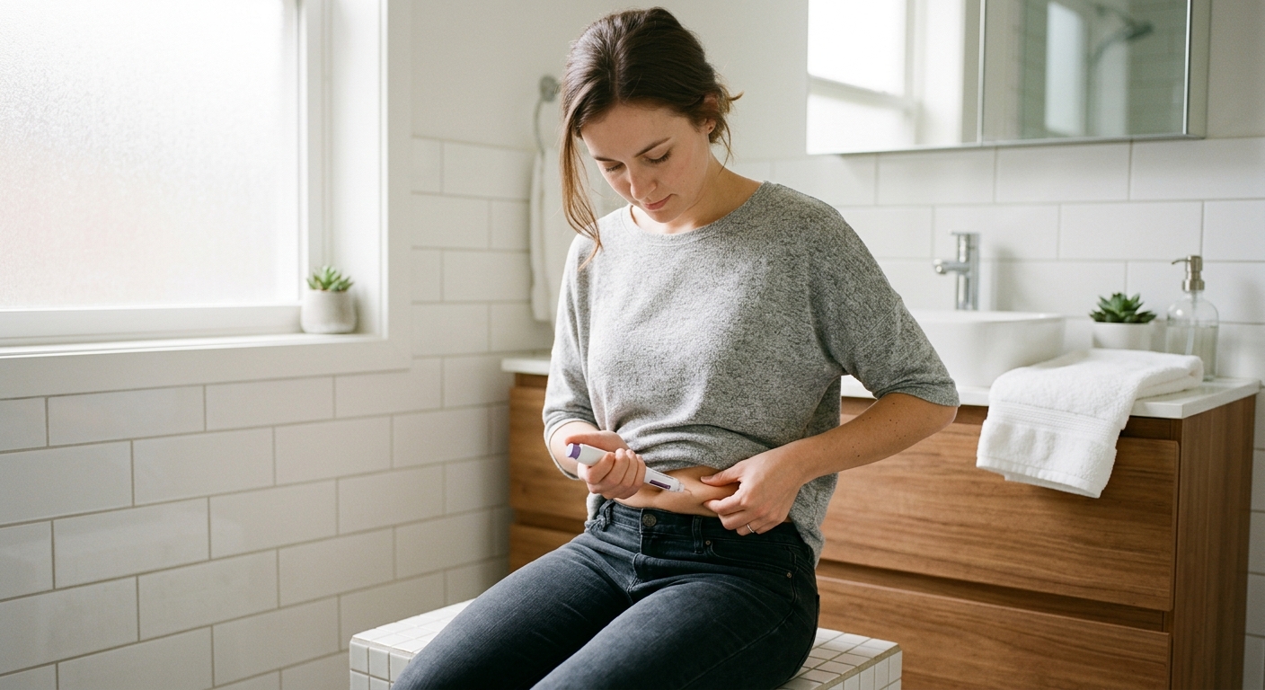 Vrouw dient wekelijkse GLP-1 injectie toe in de buik voor gewichtsverlies
