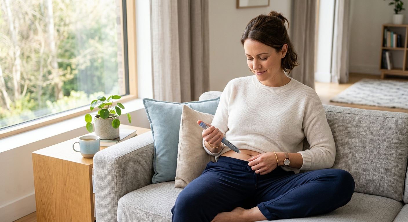 Vrouw die thuis een GLP-1 injectiepen gebruikt voor afvalmedicatie op recept
