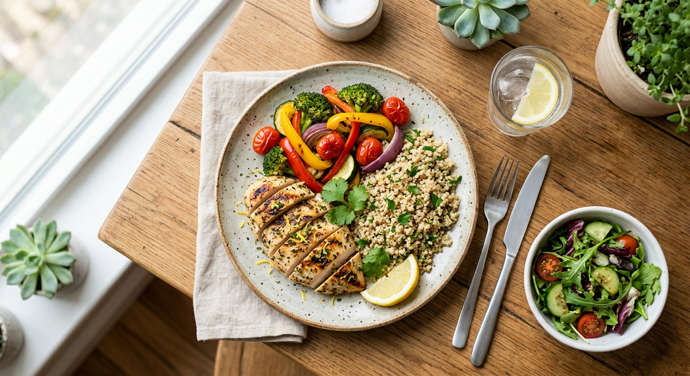 Gezonde eiwitrijke maaltijd met kip, groenten en quinoa op een houten tafel