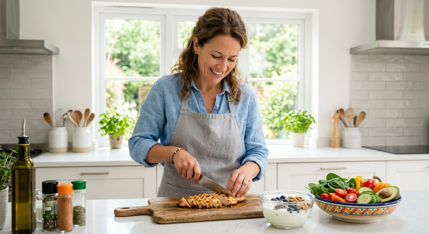 Vrouw bereidt eiwitrijke maaltijd voor in een moderne keuken