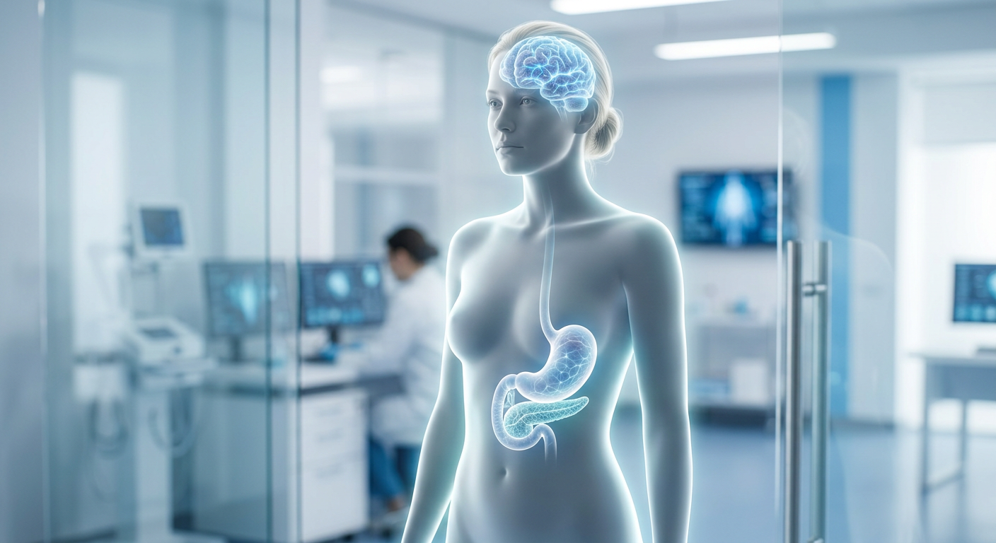 Schematische weergave van hoe GLP-1 hormoon werkt op de hersenen, maag en alvleesklier