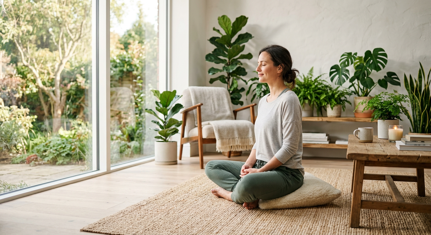 Vrouw die ontspanningsoefeningen doet voor stressvermindering en lagere cortisolspiegels