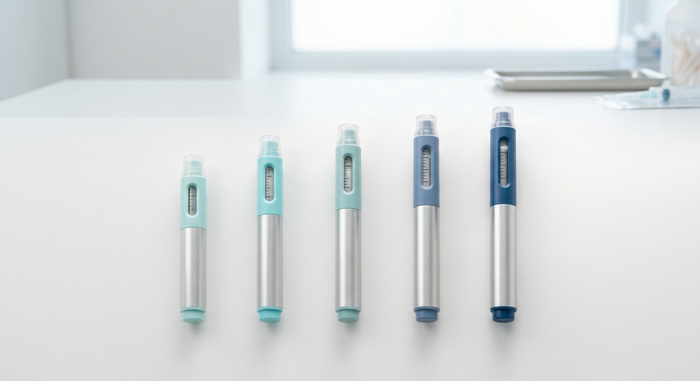 Geleidelijke dosisopbouw van Mounjaro weergegeven met injectiepennen in oplopende doseringen