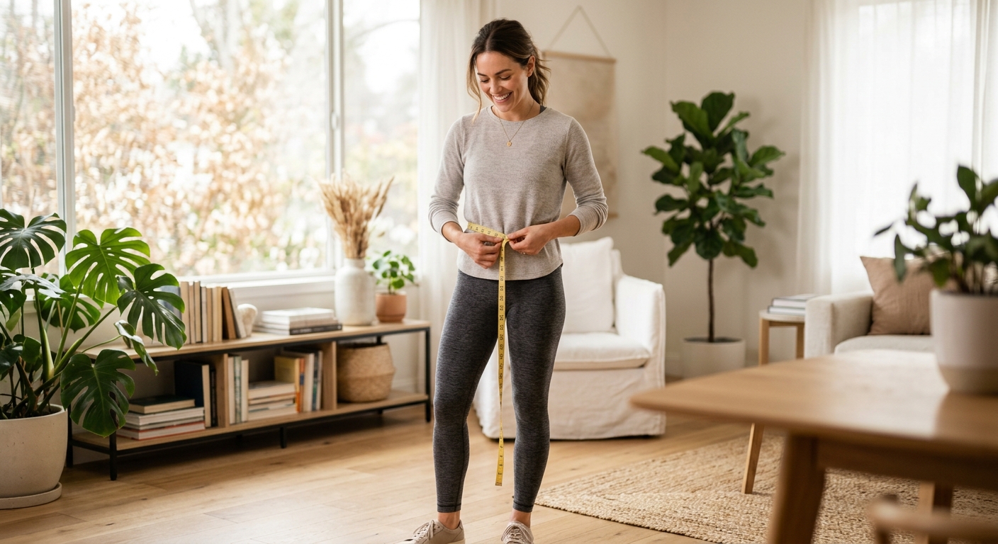 Vrouw meet haar taille met een meetlint als symbool voor gewichtsverlies resultaten