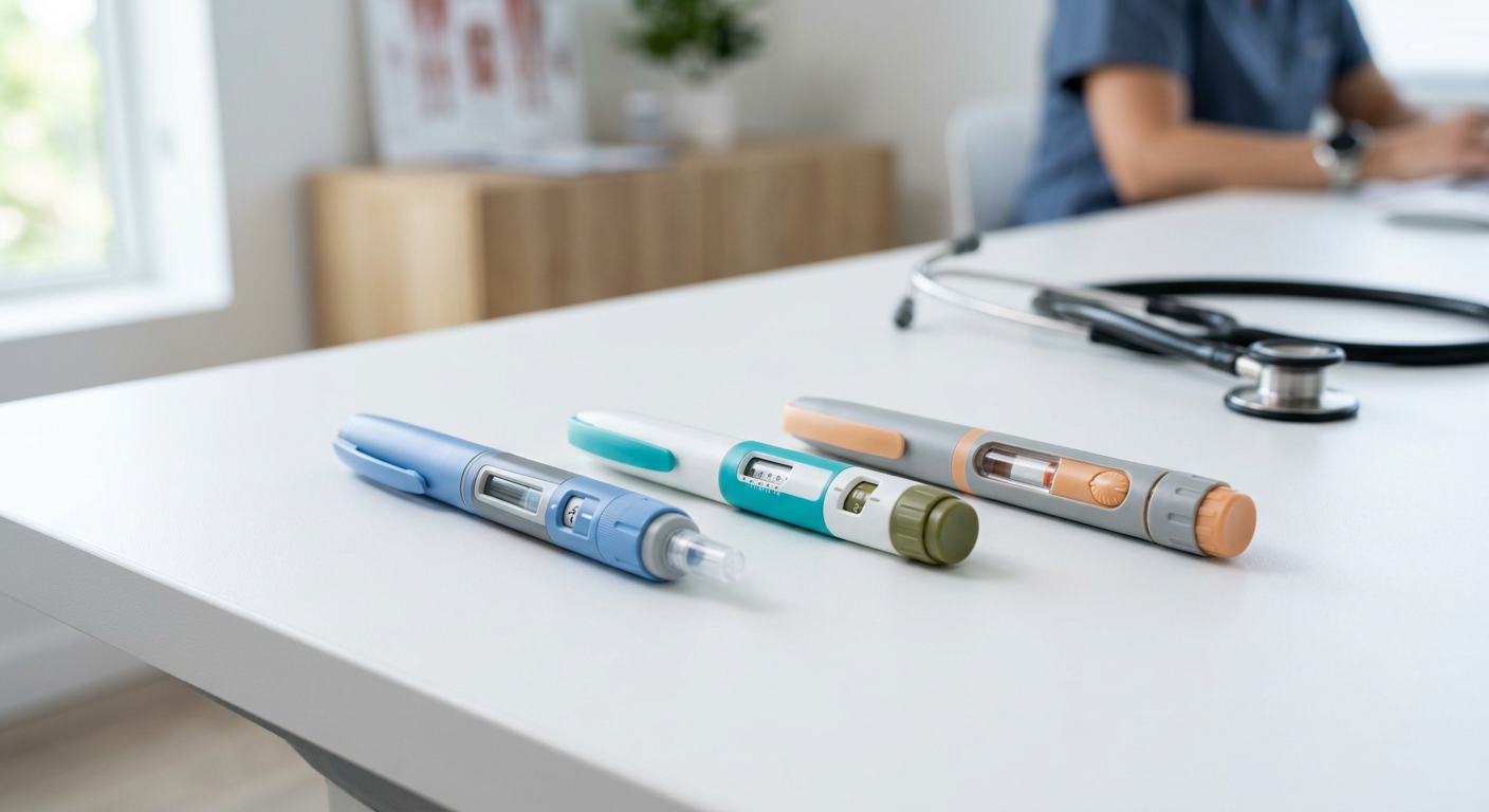 Vergelijking tussen Mounjaro Wegovy en Ozempic injectiepennen op een medisch bureau