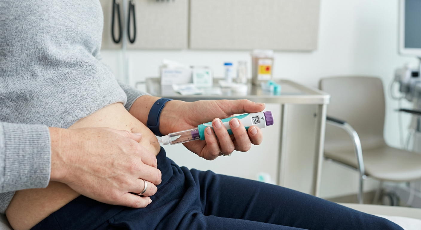 Vrouw die een Ozempic injectiepen gebruikt voor wekelijkse subcutane injectie in de buik