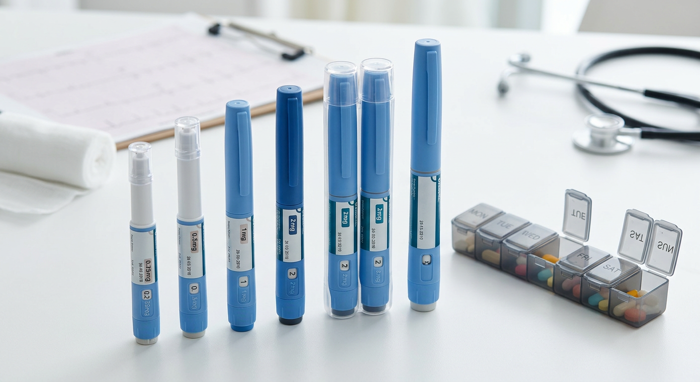 Doseringsschema van Ozempic injectiepen met verschillende doseringen naast elkaar op een tafel