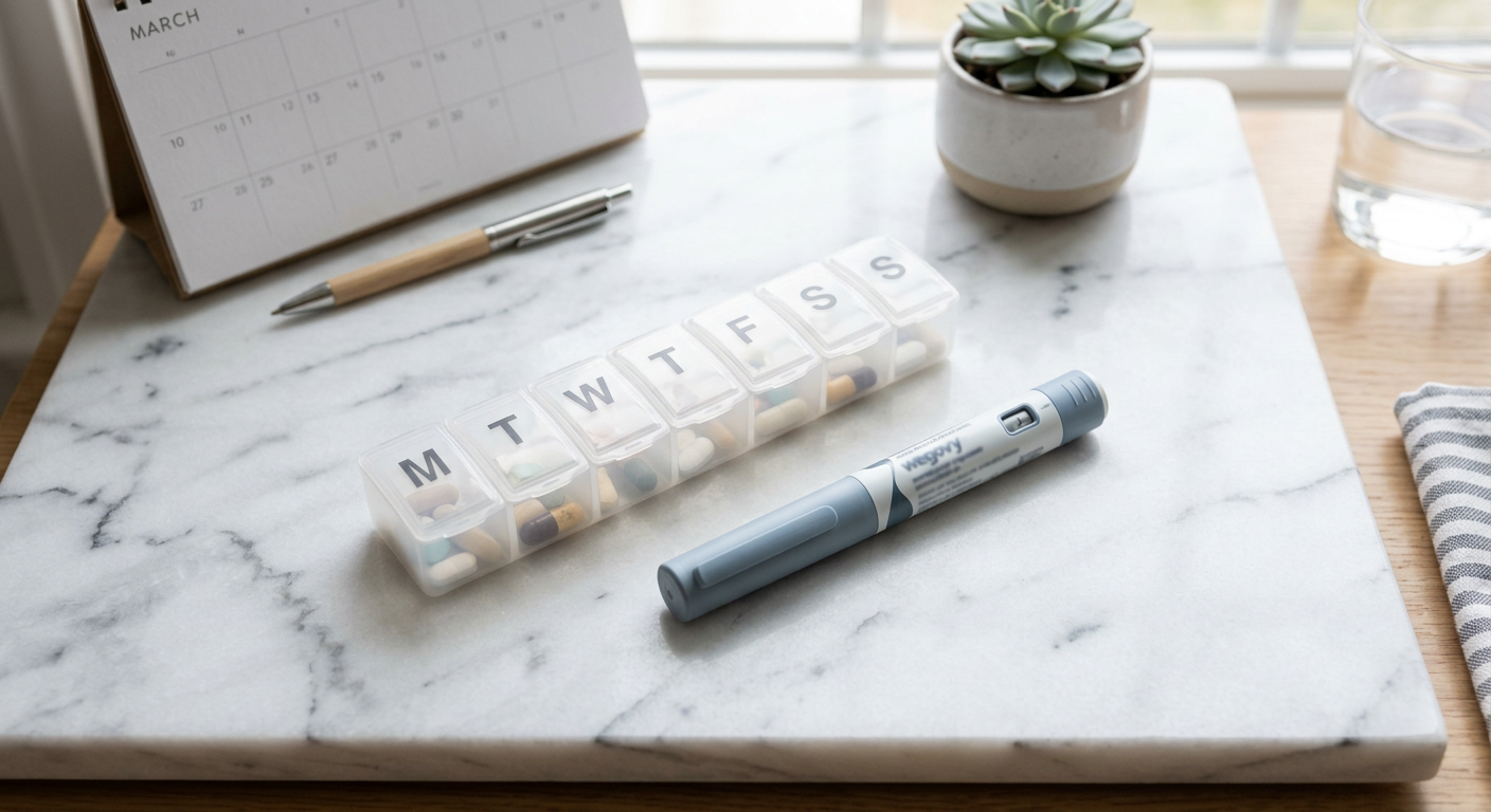 Geleidelijke dosisopbouw van Ozempic weergegeven met injectiepennen en kalender