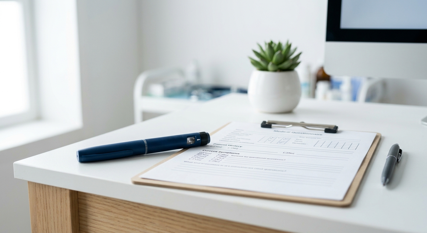 Ozempic injectiepen naast een medische vragenlijst op een bureau in een artsenpraktijk