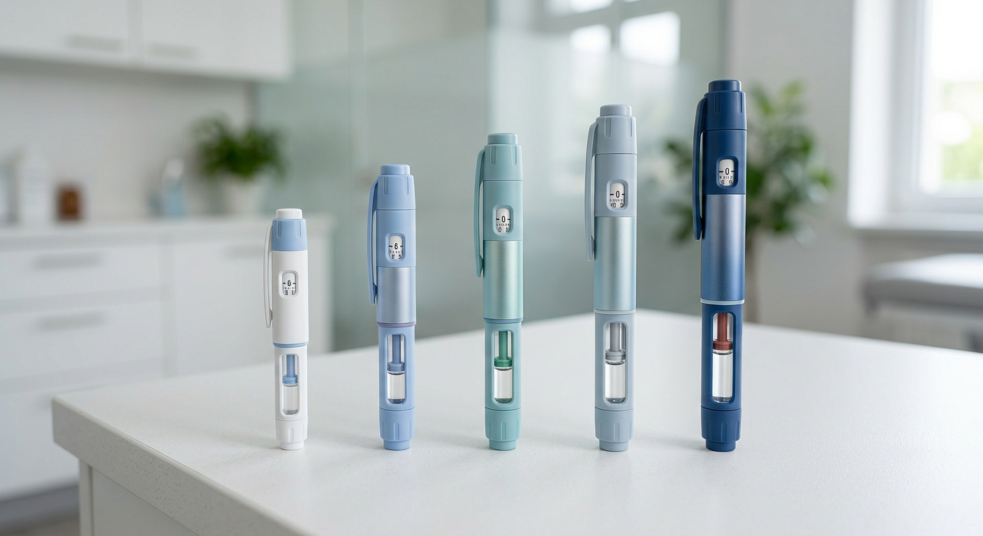 Geleidelijk doseringsschema van semaglutide met wekelijkse injectiepennen op een rij