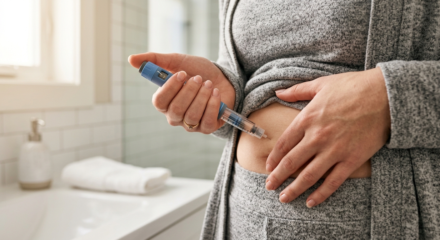 Vrouw die semaglutide injectie toedient in de buik voor wekelijkse dosering