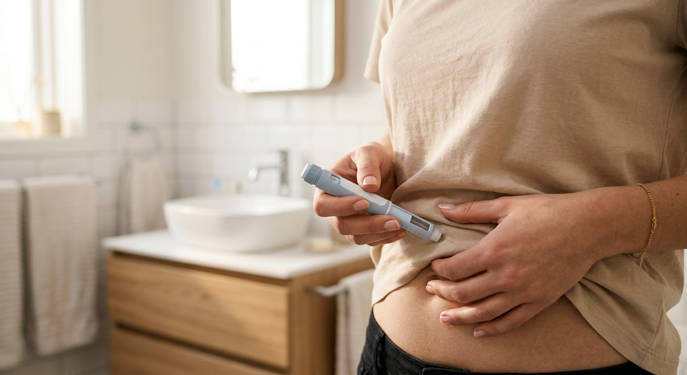 Vrouw injecteert semaglutide in de buik met een voorgevulde injectiepen