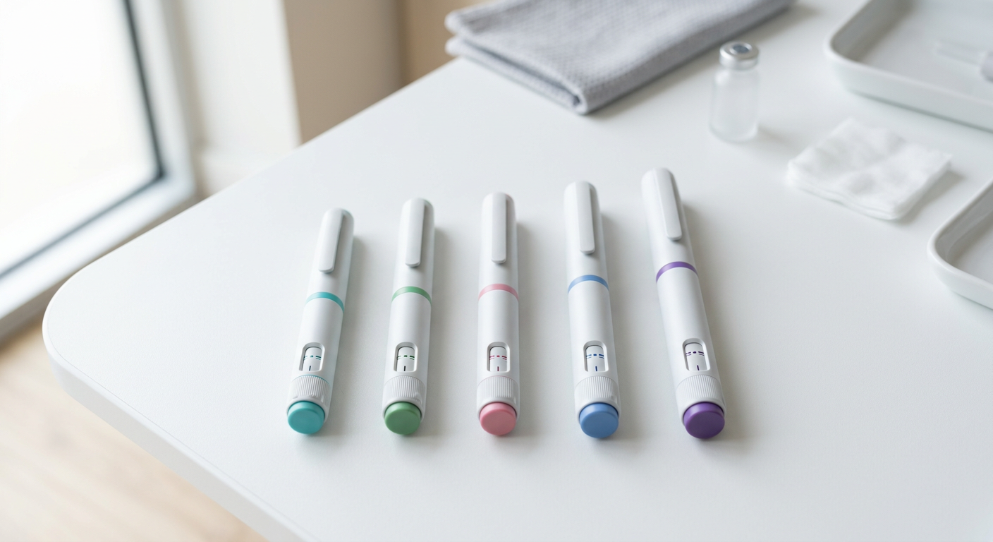 Overzicht van semaglutide doseringen met injectiepen op medische achtergrond