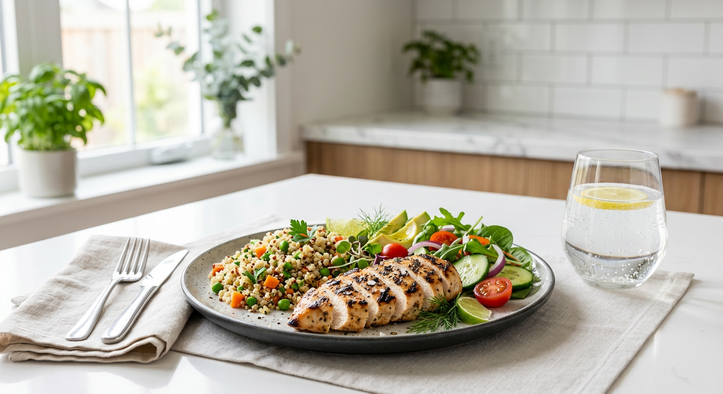 Gezonde maaltijd met veel eiwit naast een glas water op een moderne keukentafel