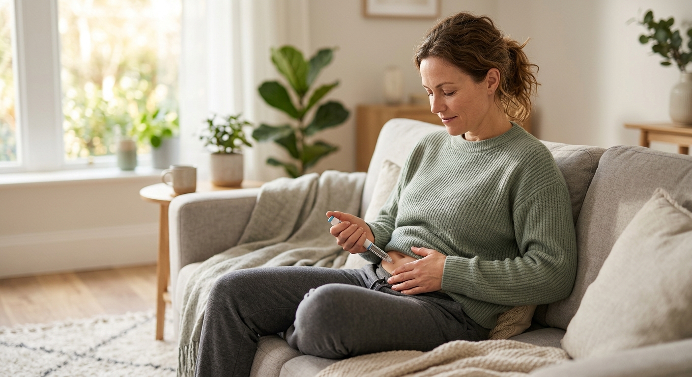 Vrouw die thuis een Wegovy injectie toedient in de buik met voorgevulde pen