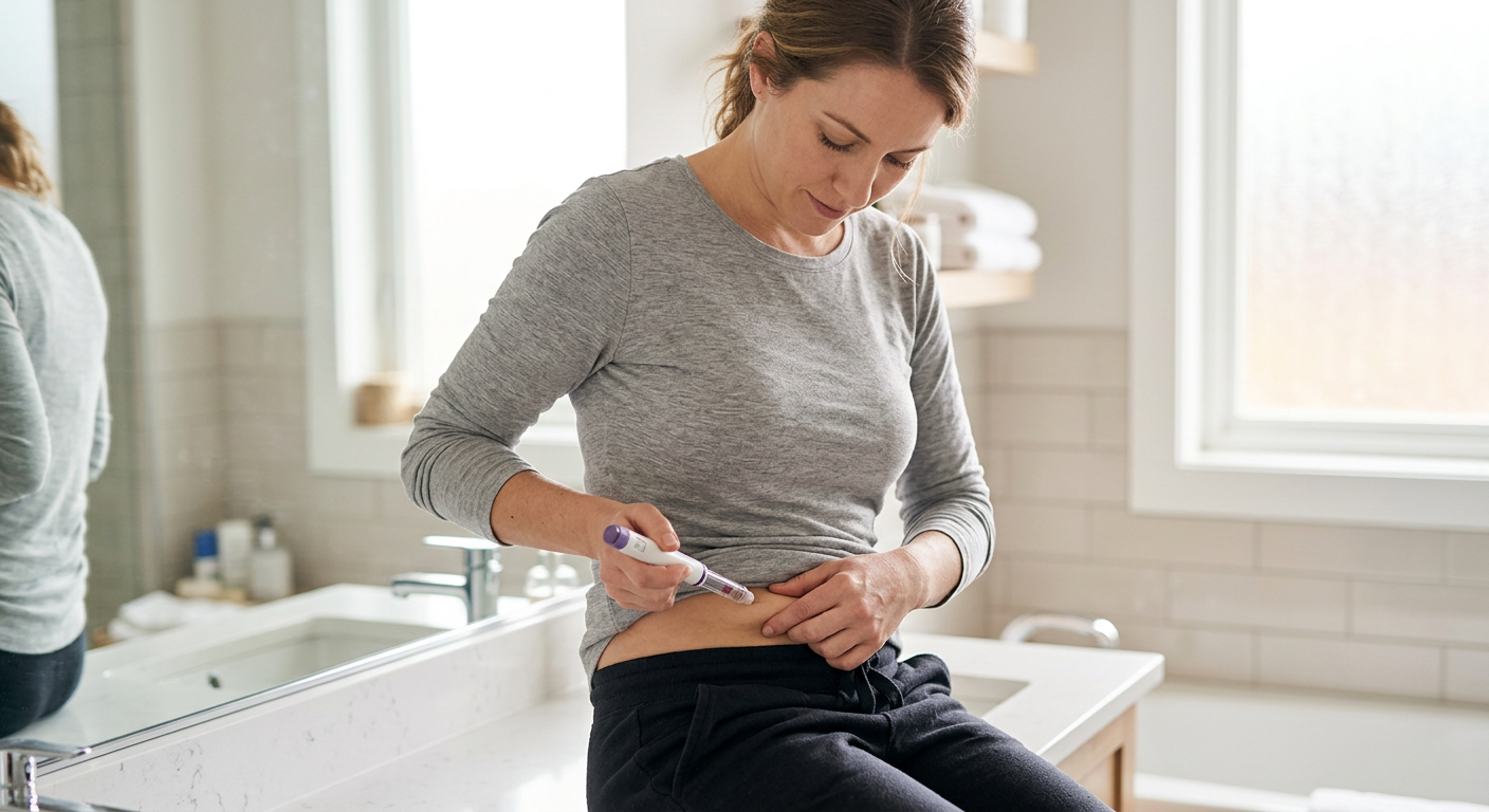 Vrouw die zichzelf een subcutane Wegovy injectie geeft in de buik