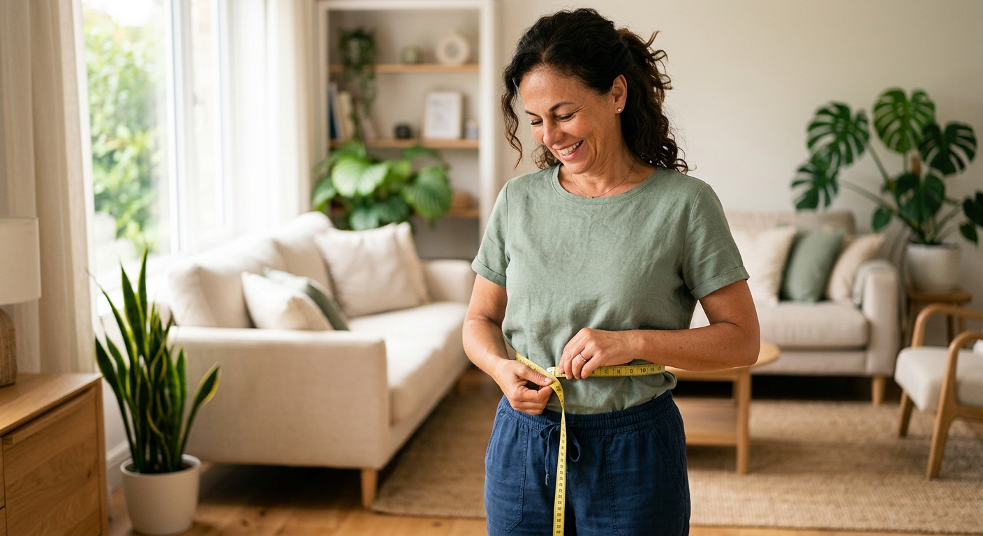 Vrouw meet haar tailleomtrek met een meetlint als symbool voor gewichtsverlies met Wegovy