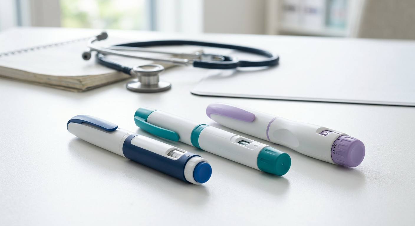 Vergelijking van GLP-1 medicijnen Wegovy Ozempic en Mounjaro op een bureau