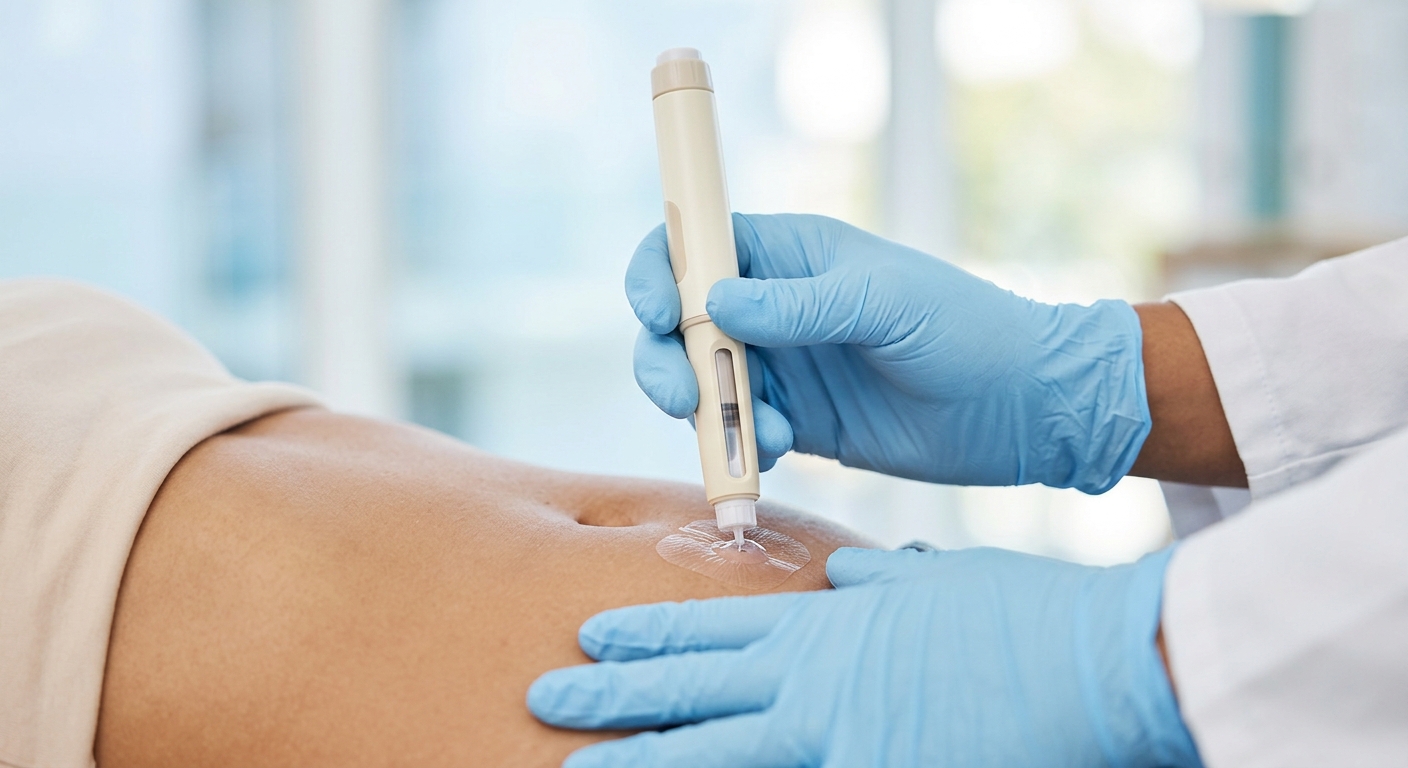 Persoon die wekelijkse semaglutide injectie toedient in de buik voor gewichtsverlies