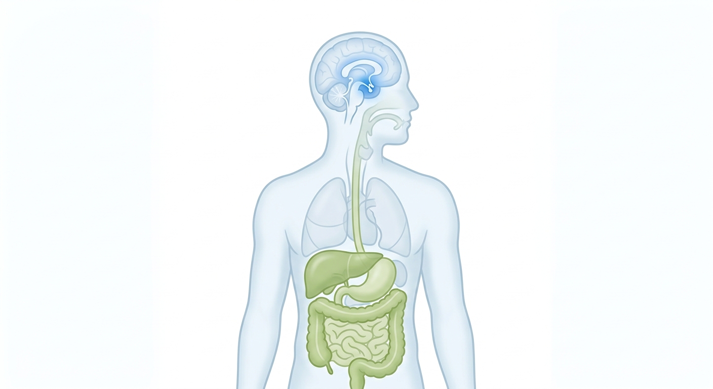 Schematische weergave van het GLP-1 werkingsmechanisme in de hersenen en het spijsverteringsstelsel