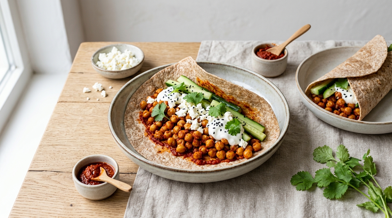 Harissa kikkererwten wrap met feta