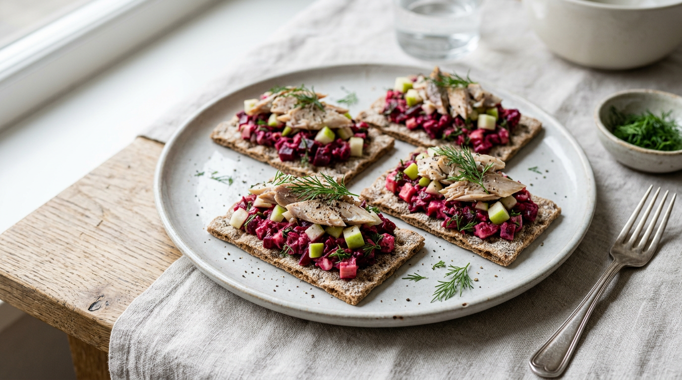 Knäckebröd met makreel en bietentartaar
