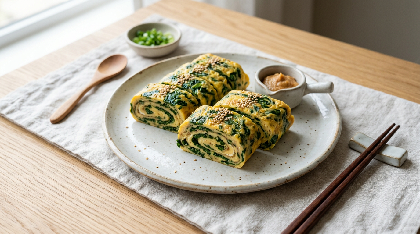 Japanse tamagoyaki met spinazie en miso