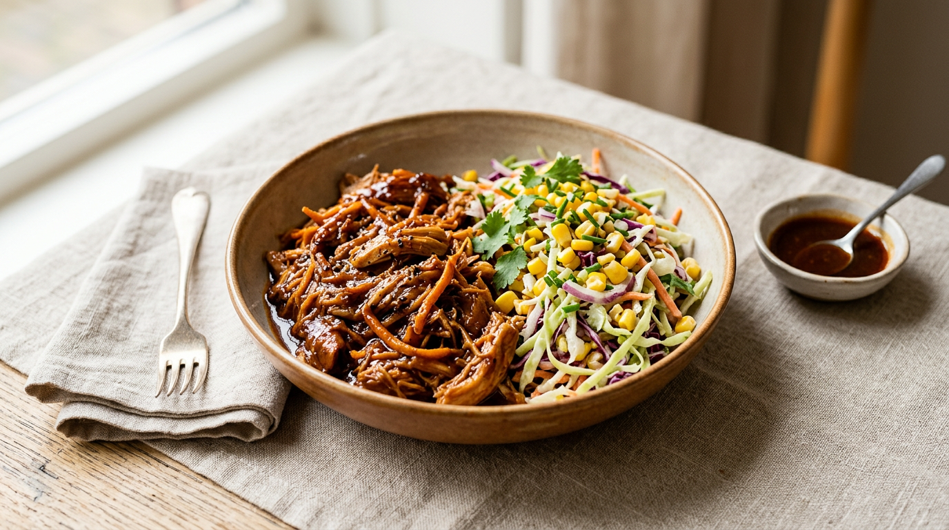 BBQ-pulled kip met maiskool-slaw