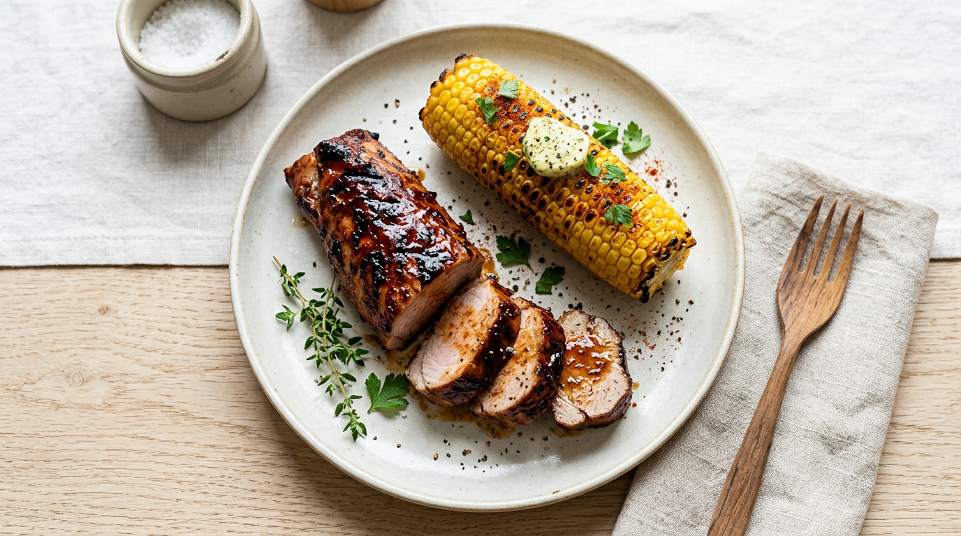 BBQ-glazed varkenshaas met maïs