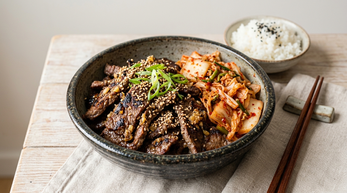 Koreaanse bulgogi-rundvlees met kimchi