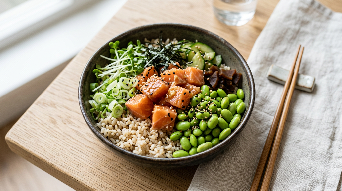 Miso-zalm poké bowl met edamame