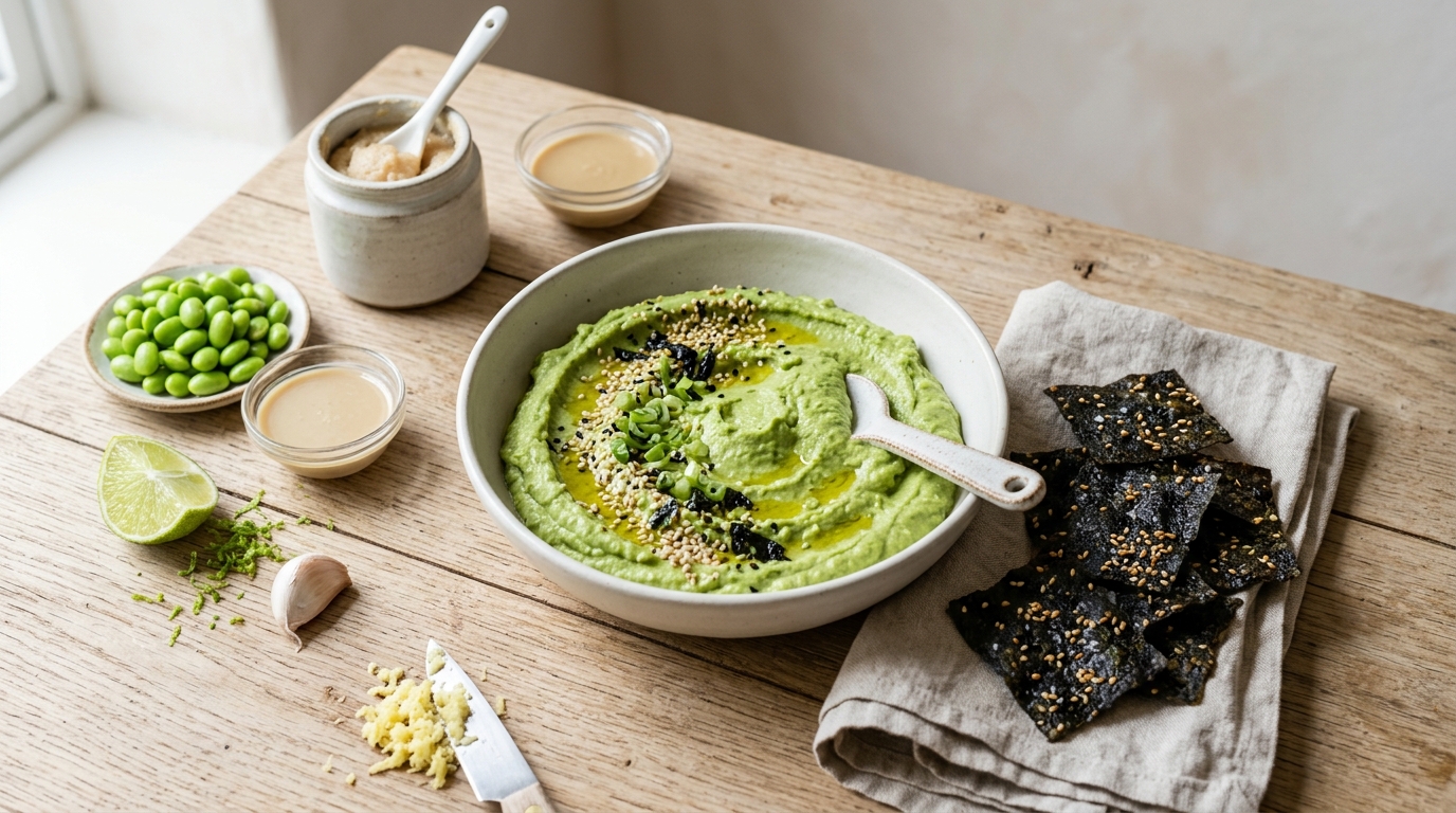 Edamame-hummus met nori-crackers