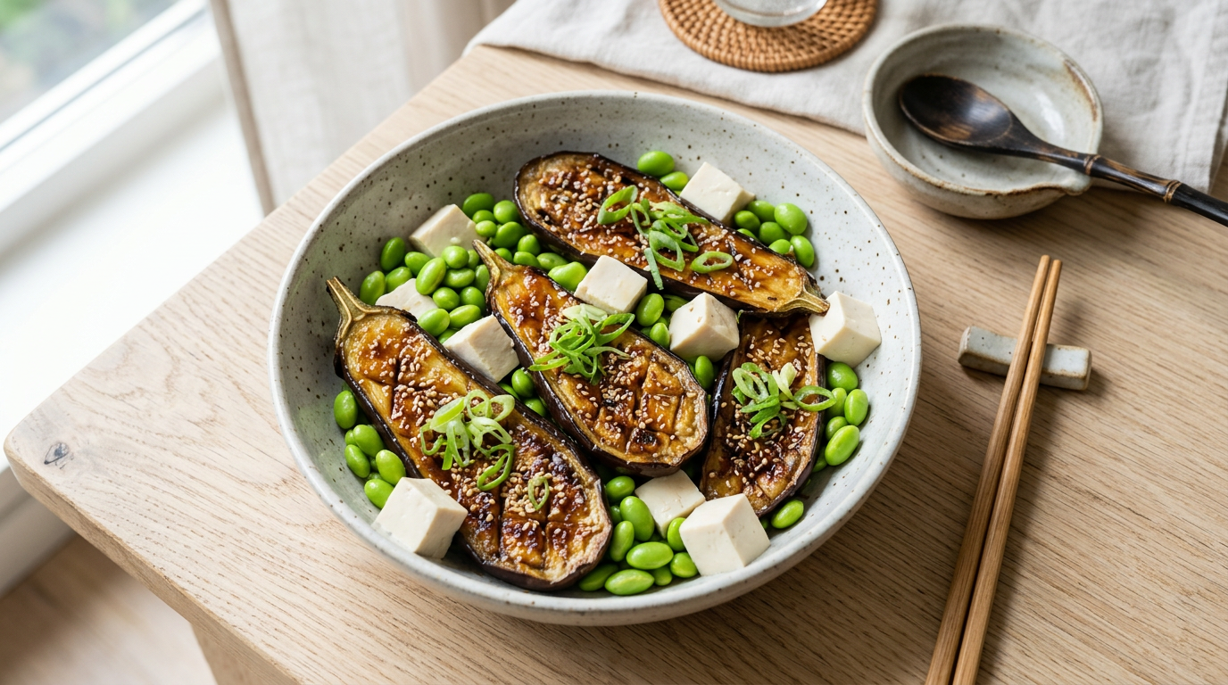 Japanse miso-aubergine met edamame
