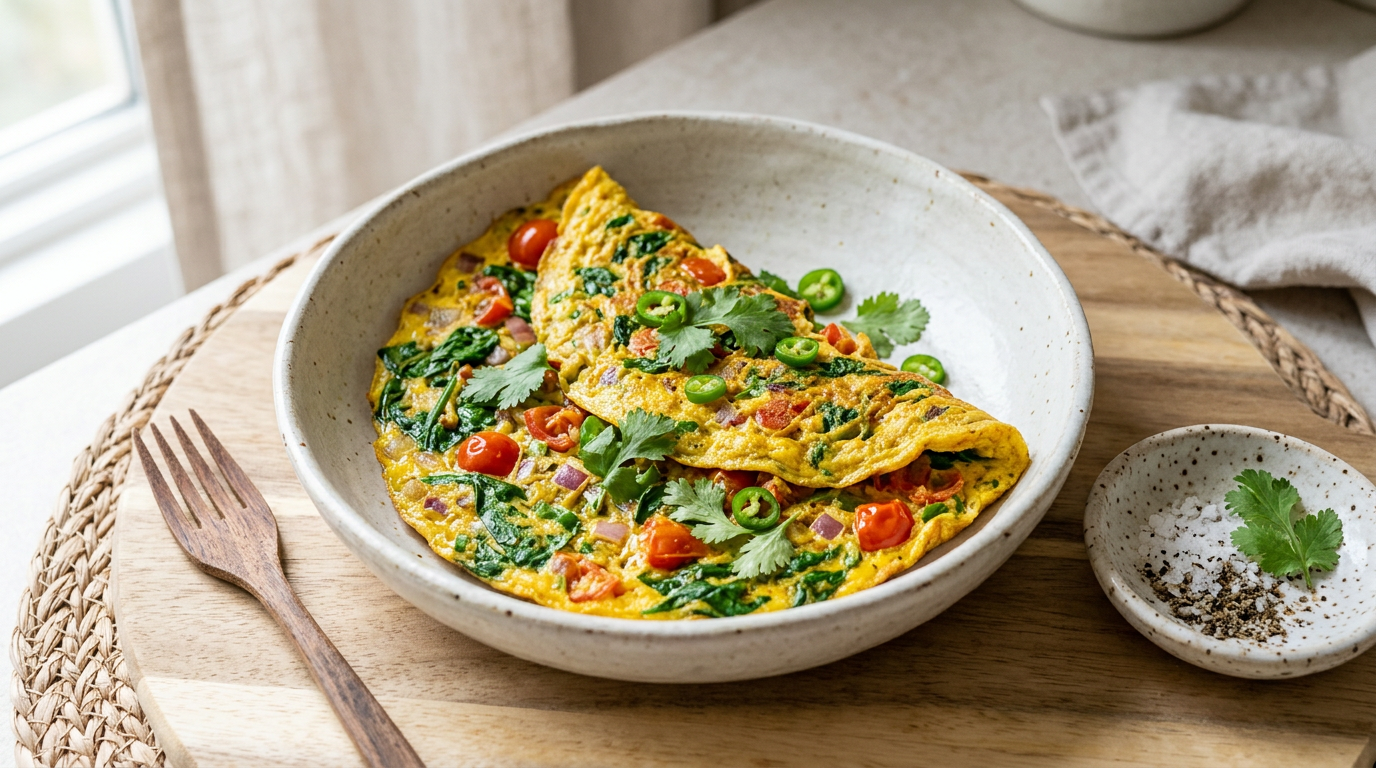 Masala omelet met spinazie en tomaat