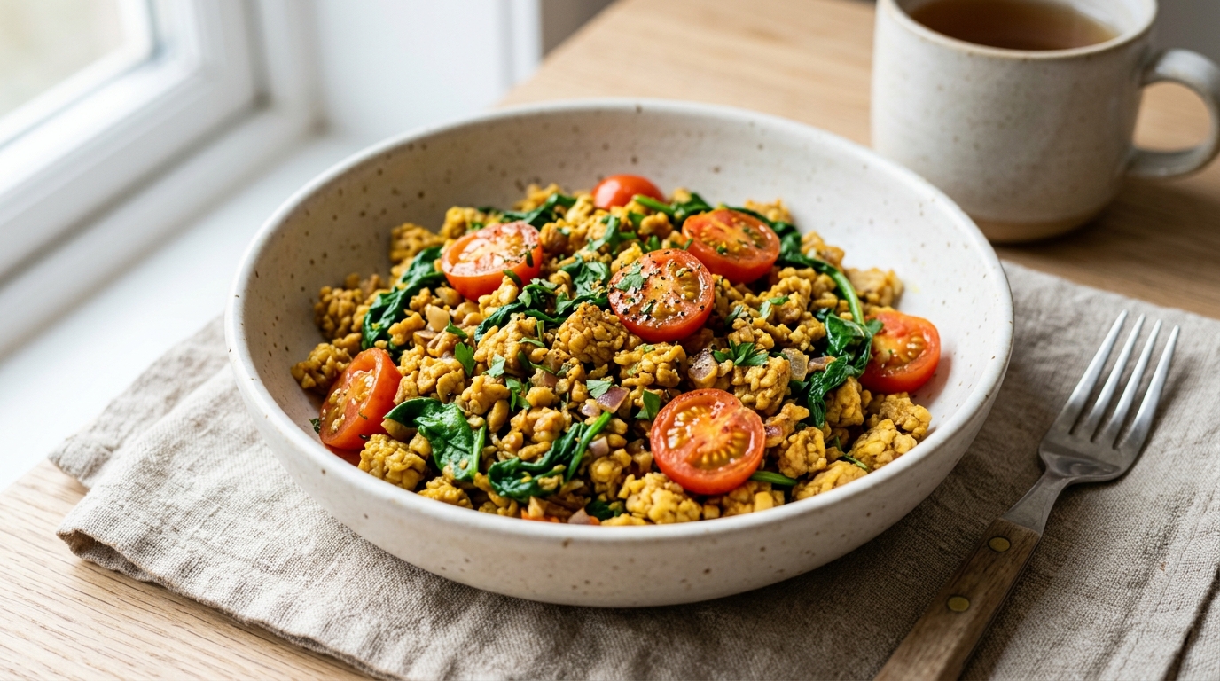 Tempeh-scramble met spinazie en tomaat