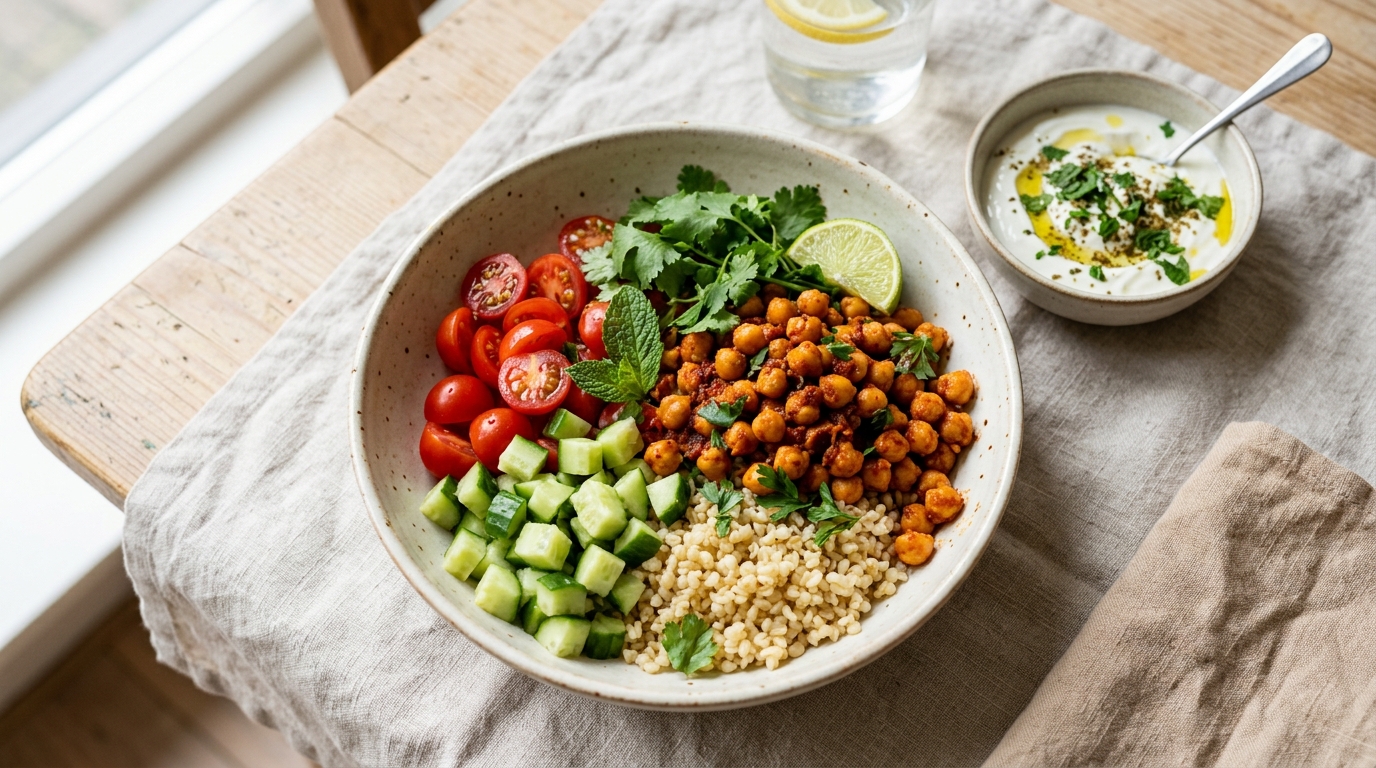 Harissa-kikkererwten met bulgur