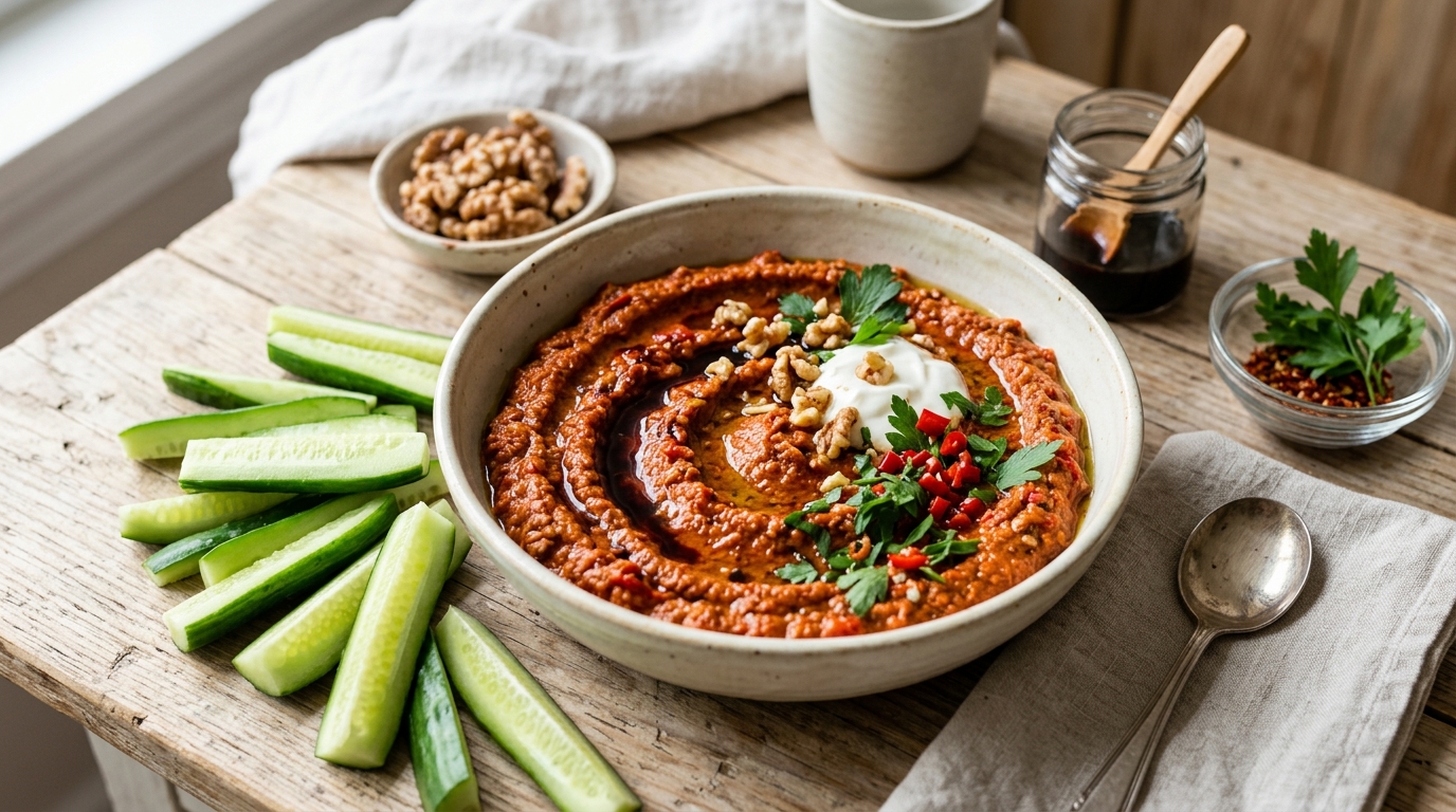 Muhammara met komkommer-dippers