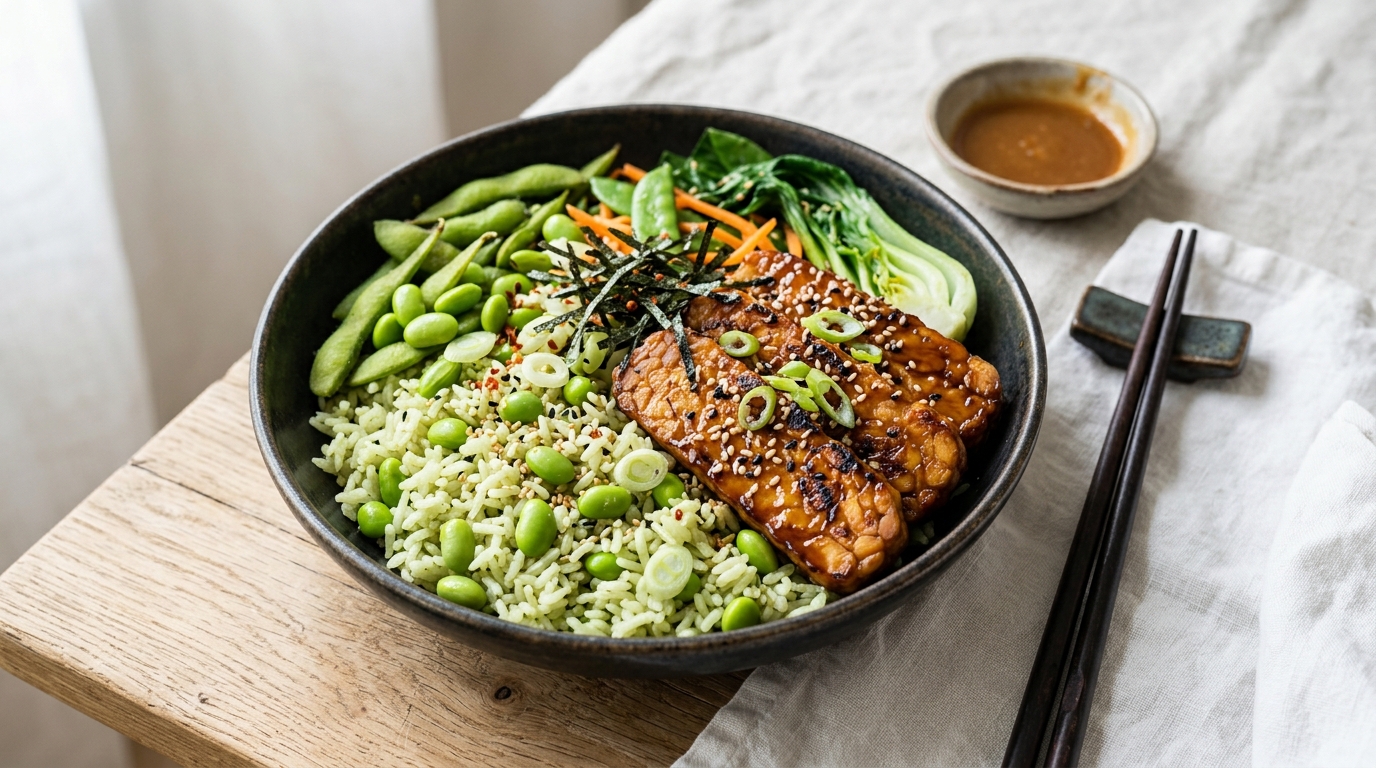 Miso-glazed tempeh met edamame-rijst