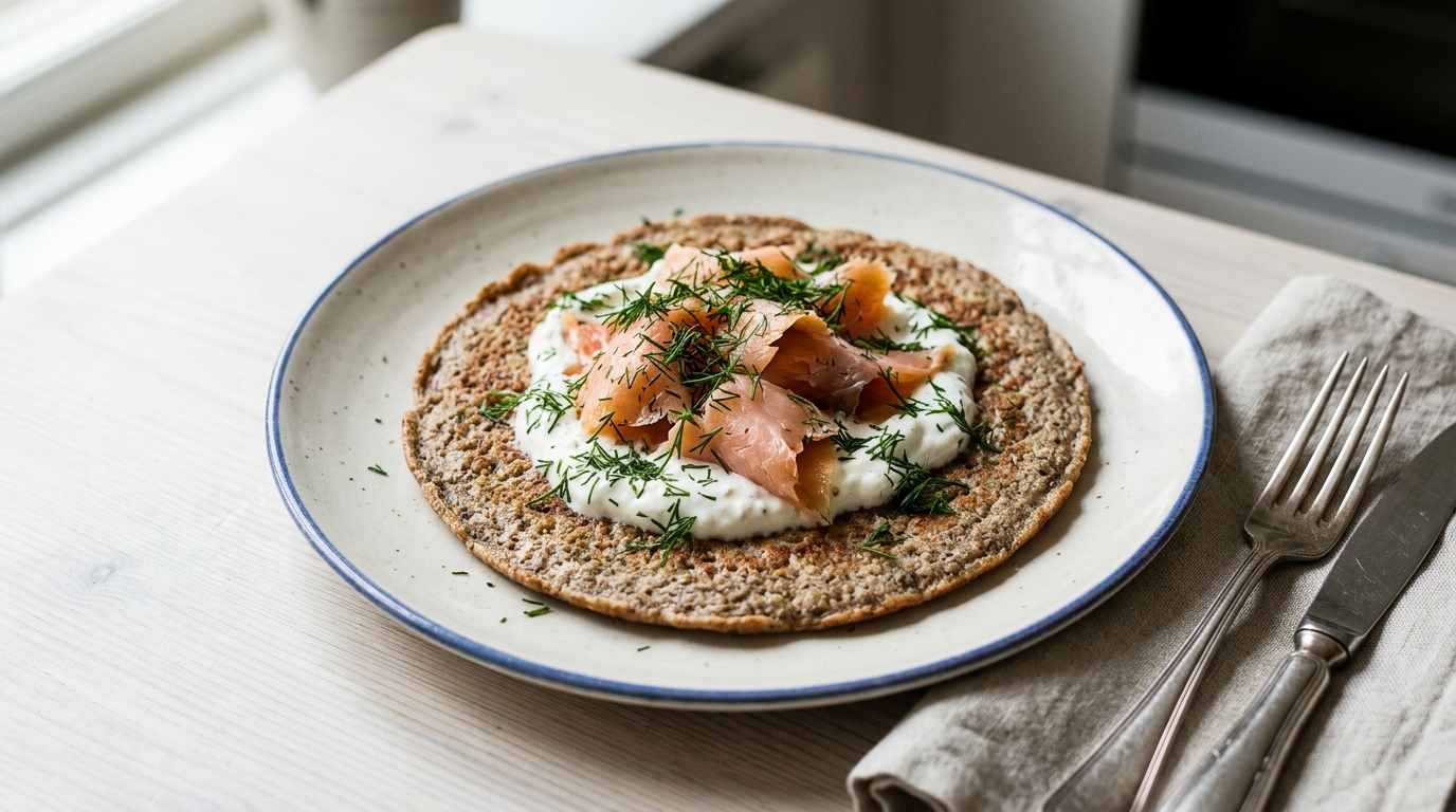 Roggepannenkoek met gerookte forel en dille