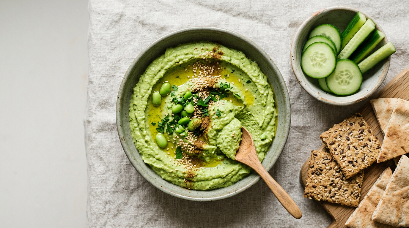 Edamame-hummus met komkommer