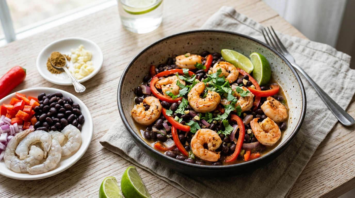 Mexicaanse garnalen met zwarte bonen en lime